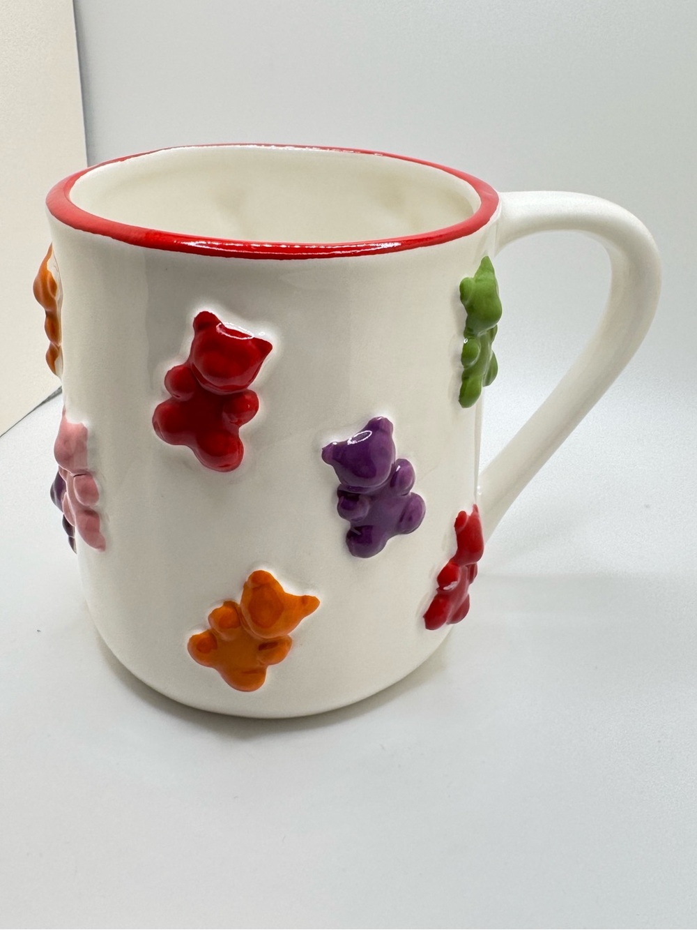 Ceramic White Mug with Multicolor Gummy Bear Accents NWOT